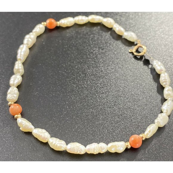14k Yellow Gold Freshwater Pearl & Coral Bracelet Fine 8 - Picture 4 of 4